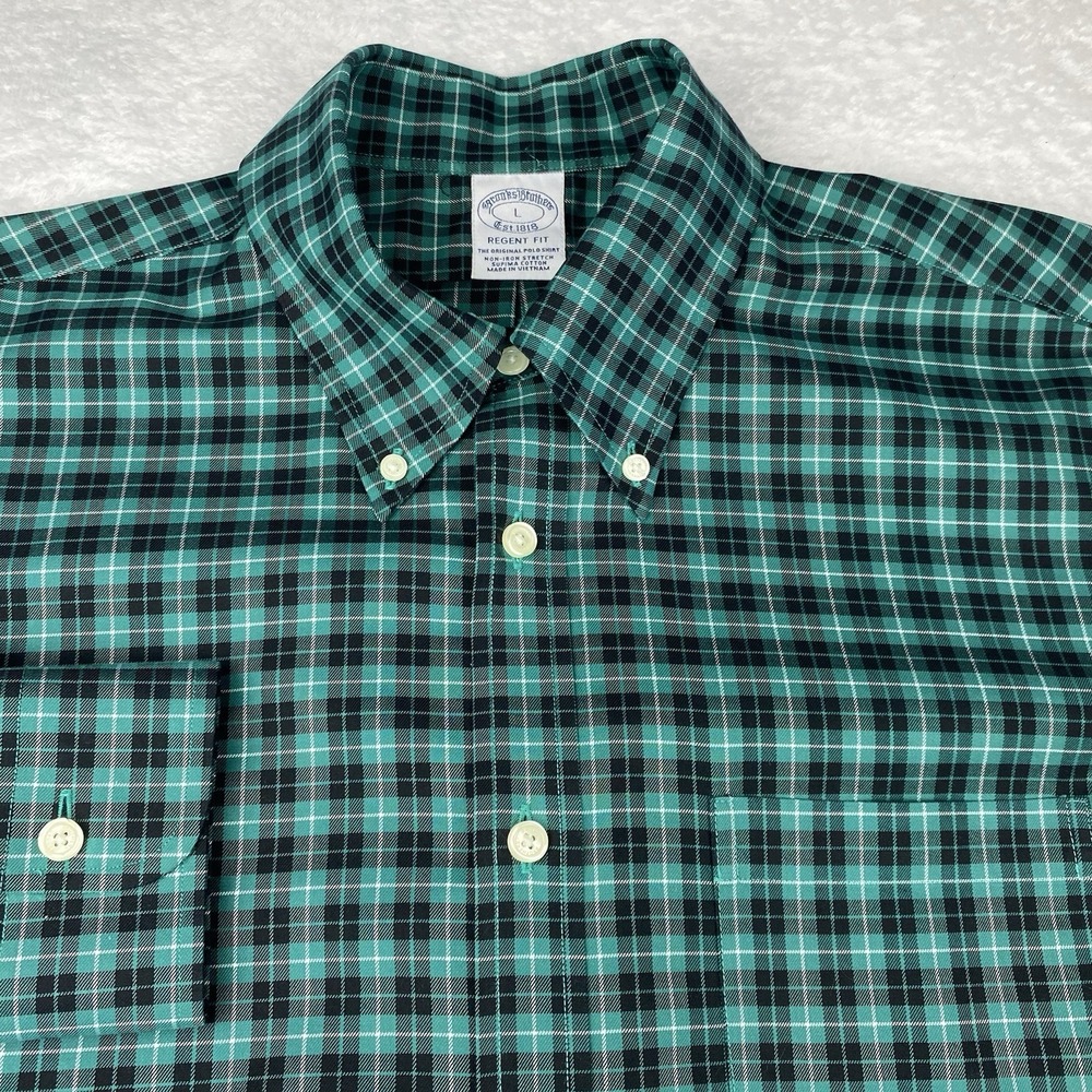 Brooks Brothers Shirt Men's Large Green Plaid Regent No Iron Stretch